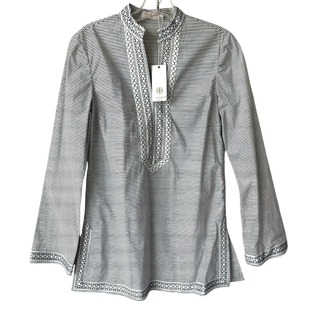 TORY BURCH Skinny Stripe Tunic Top Navy White Embroidered Size 4‎ NWT